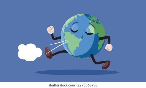 
Gracioso Planeta Tierra Que Huye De La Ilustración De La Caricatura Del Vector. Carácter terra globo estresado que tiene problemas de ejercicio 
