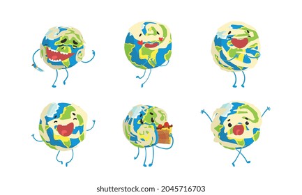 Gracioso Planeta Tierra Que Muestra Diferentes Emociones Establecidas, Actividad De Caricatura De Globe Ilustración Del Vector De Caricaturas