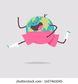 Funny earth running vector cartoon character isolated on a white background. Health day concept illustration.