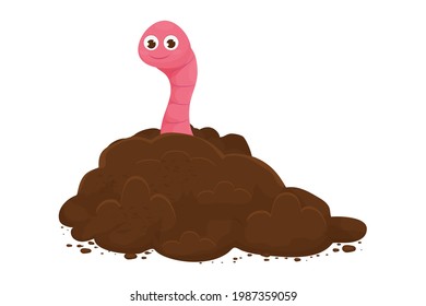 Funny earthworm in ground, soil in cartoon style isolated on white background. Comic, cheerful character. Gardening concept.