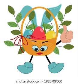 Cesta divertida de Pascua con orejas y ojos conejitos y pulgar hacia arriba. Decorada con ramas de abedul y sauces de coño. Vector aislado sobre fondo blanco.