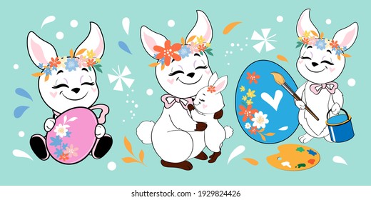 Funny Easter bunnies collection on a blue background. Congratulatory vector illustration