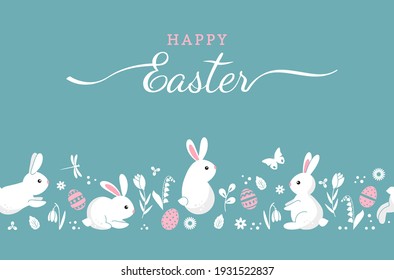 Funny Easter bunnies with eggs and flowers. Festive wrapping paper seamless pattern. happy Easter concept. flat vector illustration with greeting lettering