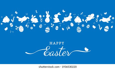 Funny Easter bunnies with eggs and flowers. Festive wrapping paper seamless pattern. happy Easter concept. flat vector illustration with greeting lettering