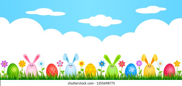 funny easter bunnies eggs on green grass with flowers. easter and spring concept. vector illustration isolated
