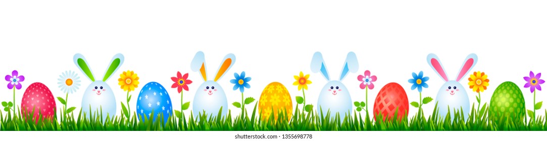 funny easter bunnies eggs on green grass with flowers. easter and spring concept. vector illustration isolated