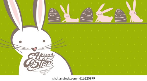 Funny Easter bunnies and Easter eggs. Vector illustration for festive banner design, greeting card, and more.