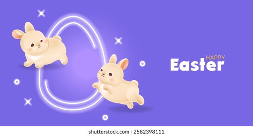 Funny Easter bunnies jumping on neon tube background. Bright Easter egg shaped sign on purple background. Greeting card template for spring holiday design. Vector illustration