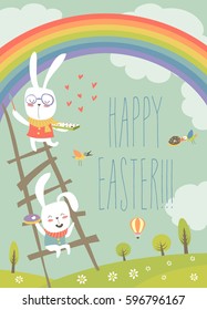 Funny Easter Bunnies With Rainbow