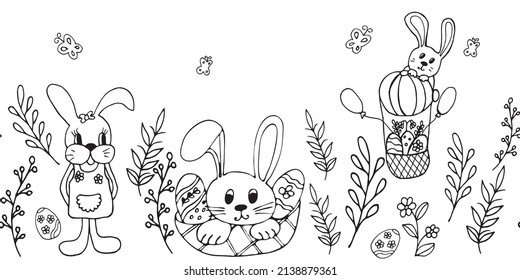 Funny easter bunnies seamless pattern. Vector hand drawn outline symbol  isolated on white. 