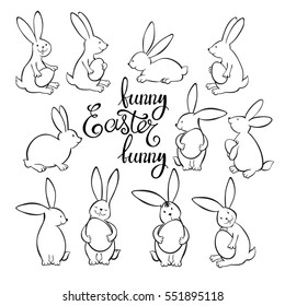 Funny Easter bunnies. Vector illustration. Outline drawing, Easter collection isolated element for design, coloring book.