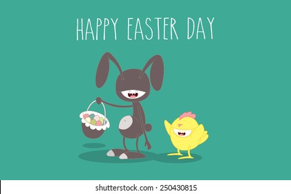 funny easter bunny, basket, easter rabbit costume, easter chicken. Happy Easter Day. Vector cartoon. Use for card, poster, banner, web design and print on 
t-shirt. Easy to edit.