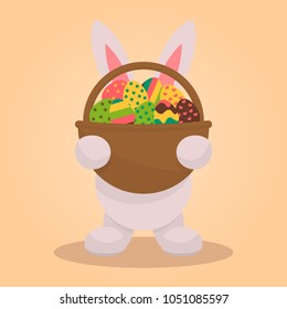 A funny Easter bunny brought a basket of eggs. Vector illustration.