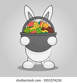 A funny Easter bunny brought a basket of eggs. Vector illustration.