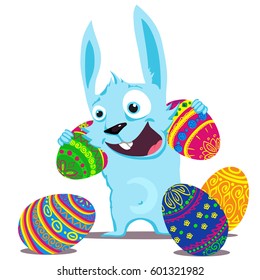A funny Easter bunny carries eggs painted