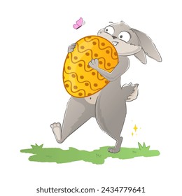 Lustiger Osterhase trägt ein riesiges Ei auf dem Rasen. Urlaub Doodle Charakter isoliert auf weißem Hintergrund