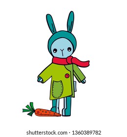 Funny Easter bunny cartoon character soft toy. Sewn, hand-drawn. Black outline. Soft carrot, egg hunter vector. Greeting card, poster, isolated. EPS10