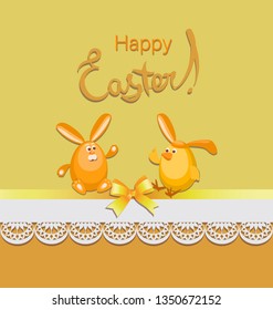 Funny Easter bunny and chick. Happy easter. Yellow-orange background with lace. Poster, card with funny characters, bow and lace. Design for textiles, gift bags.