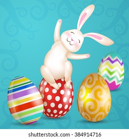 Funny Easter bunny with colorful eggs. Happy Easter - greeting card. Vector.