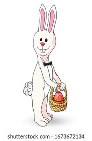 Funny Easter bunny with Easter egg in the basket Isolated on a white background.