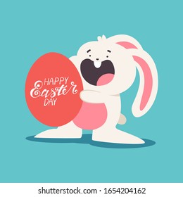 Funny Easter bunny with eggs and hand lettering vector cartoon illustration isolated on background.