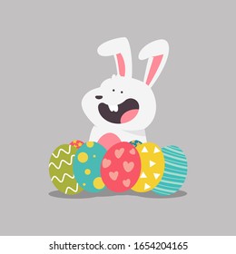 Funny Easter bunny with eggs vector cartoon illustration isolated on background.