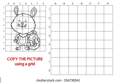 funny easter bunny game. Vector illustration of grid copy puzzle with happy cartoon easter bunny for children