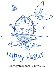 Funny Easter Bunny hiding behind easter egg, flower egg decoration, pattern. Hand drawn vector illustration.