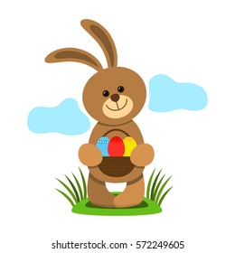 Funny easter bunny holding a basket with eggs. flat vector illustration