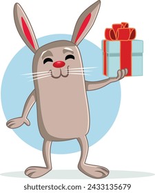 
Funny Easter Bunny Holding a Present Vector Cartoon Mascot. Cheerful hare with seasonal traditional gift box

