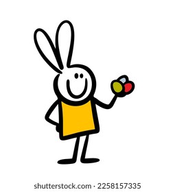 Funny easter bunny holds in hand colorful painted eggs. Vector illustration of stick figure animal on holiday party.