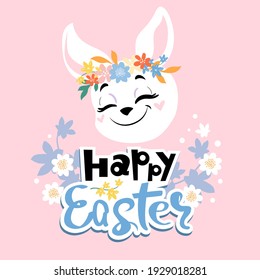 Divertido conejito de Pascua y la inscripción Feliz Pascua. Ilustración de vector de felicitación. Cara animal de dibujo