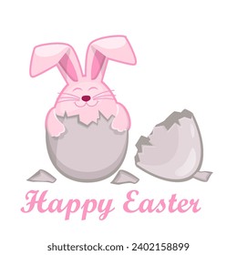 Funny Easter bunny inside egg for Greeting Card. Flat Cartoon Style