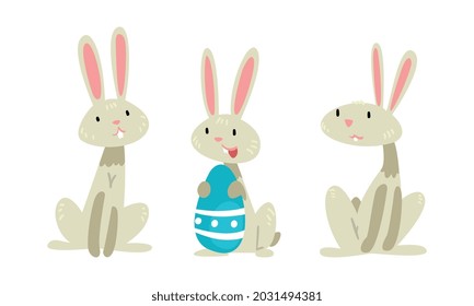 Funny Easter Bunny with Long Ears and Grey Coat with Decorated Egg Vector Set