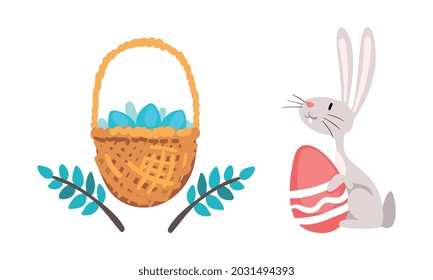 Funny Easter Bunny with Long Ears and Grey Coat with Decorated Egg in Wicker Basket Vector Set
