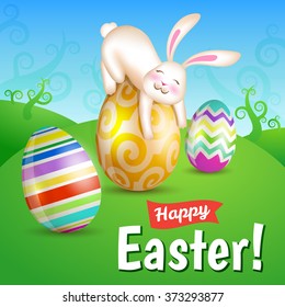 Funny Easter bunny in the meadow with colorful eggs. Happy Easter - greeting card. Vector.