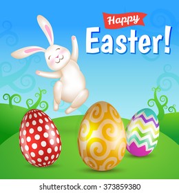Funny Easter bunny in the meadow with colorful eggs. Happy Easter - greeting card. Vector.