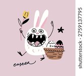 Funny Easter bunny monster character with open mouth holding egg basket