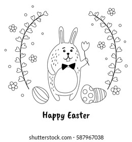 Funny Easter bunny and painted eggs in hand-drawn style. Black and white vector illustration. Easter card design template.
