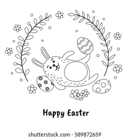 Funny Easter bunny and painted eggs in hand-drawn style. Black and white vector illustration. Easter card design template.
