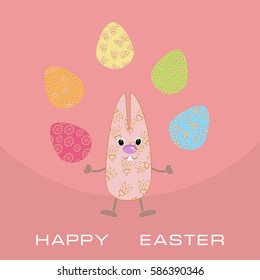 Funny Easter Bunny plays easter eggs. Happy Easter.