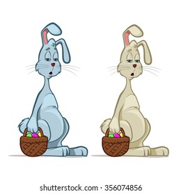 funny Easter bunny rabbit with basket full of Easter eggs, on white isolated background