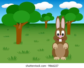 funny easter bunny with trees on grass