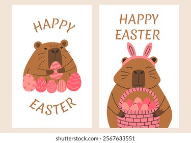 Funny Easter capybara poster. Vector hand draw illustration. 