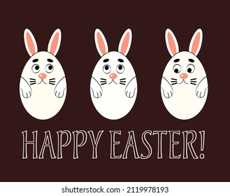 A funny Easter card with bunnies looking like eggs, egg-shaped rabbits, Happy Easter greetings