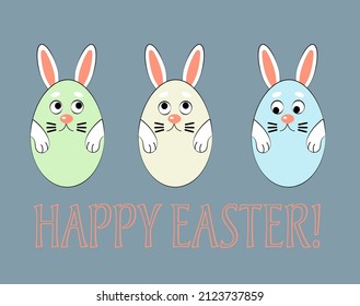 A funny Easter card with bunnies looking like eggs, egg-shaped rabbits, Happy Easter greetings