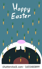 Funny Easter card. Bunny under a carrot rain on a blue background. Vector illustration. Lettering. The cartoon art.