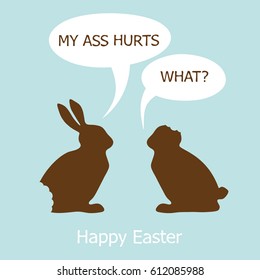 Funny Easter Card.Two Chocolate Easter Bunny On A Blue Background. Flat Vector Illustration