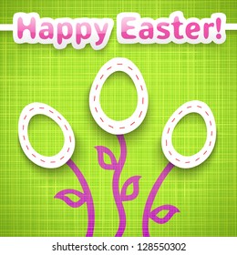 Funny easter card with cut eggs with stems and leaves like flower and greetings. Vector illustration for your spring happy holiday design. Cut out white paper eggs. Green, white and pink color.
