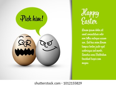 Funny easter card with easter eggs and a speech bubble with text: Pick him!